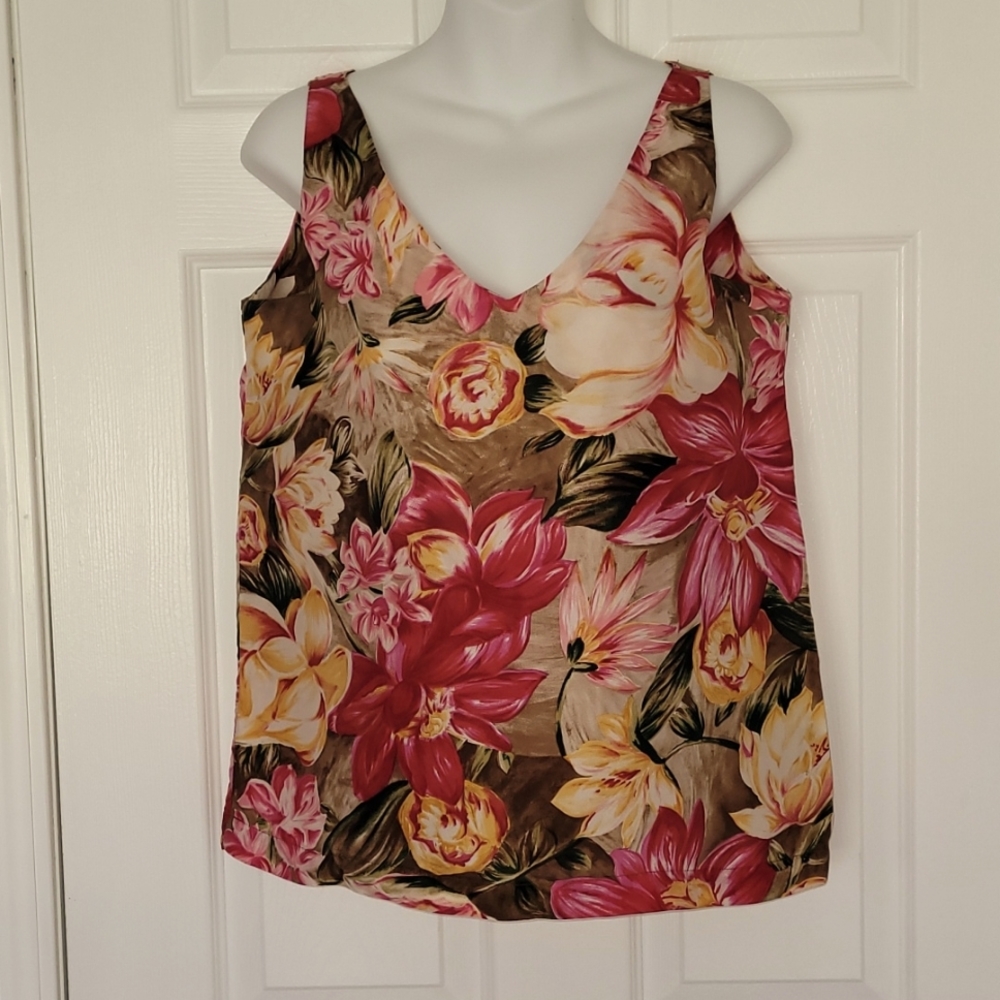Express silk, sleeveless Hawaiian tropical print top. Vintage ? Size small.